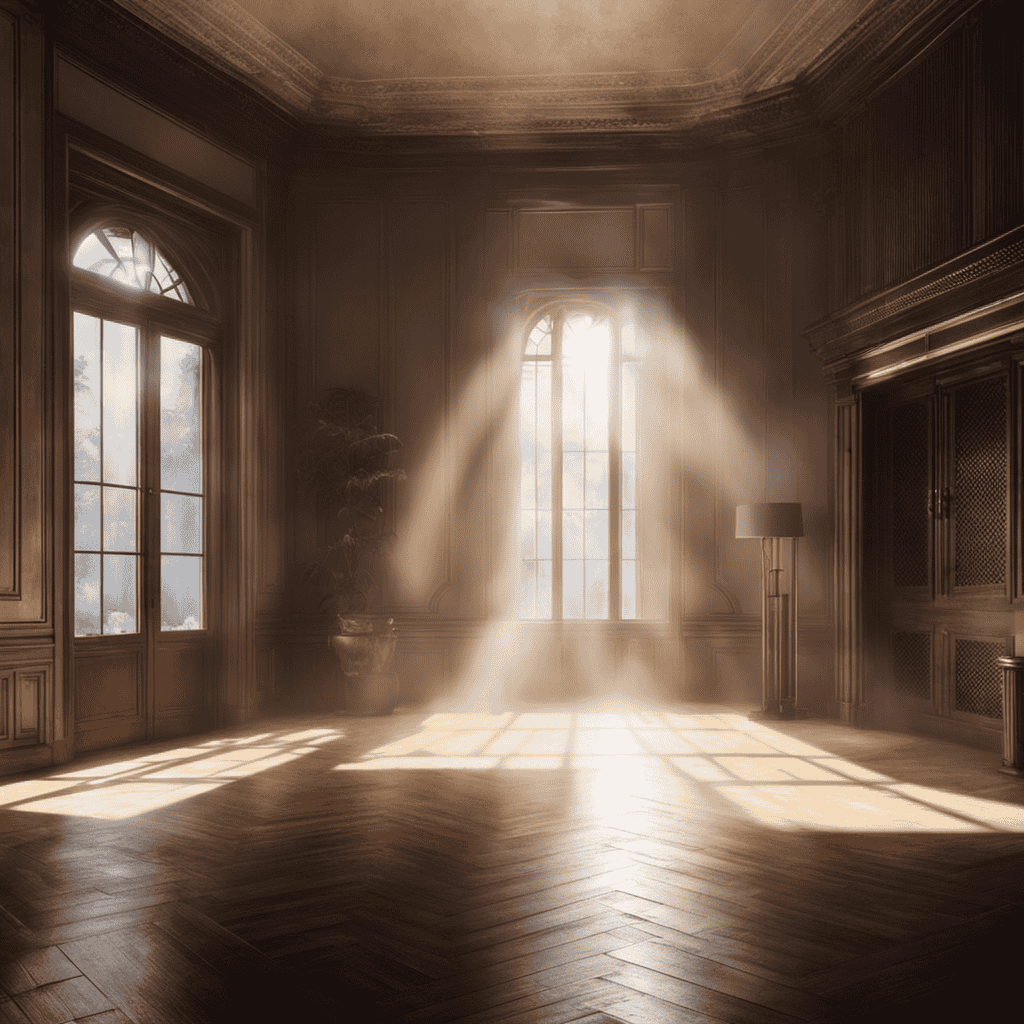 An image showcasing a dimly lit room with rays of sunlight piercing through dust particles floating in the air, highlighting the need for an air purifier