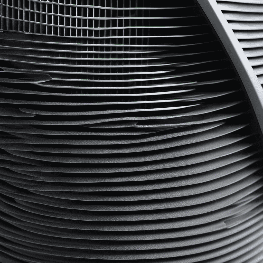 An image showcasing a close-up of an air purifier's intake grill, capturing a stream of dusty air particles being drawn in, while clean, fresh air is being released from the purifier's vent