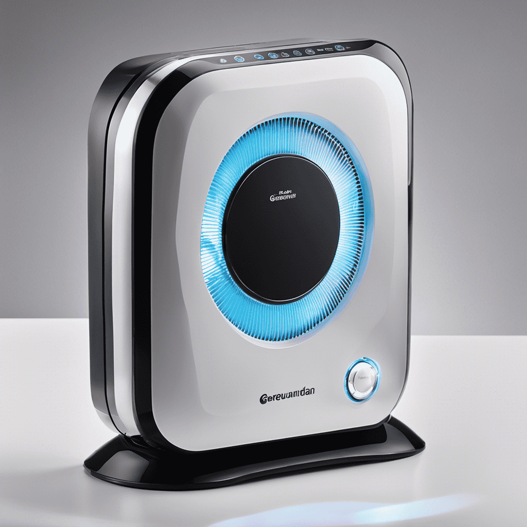 An image showcasing a close-up of a Germguardian Air Purifier's control panel, with a clearly illuminated filter light