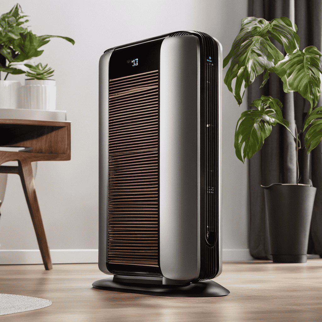 An image depicting an air purifier in action: a sleek device with a built-in fan, drawing in polluted air through a vent, filtering out allergens, dust, and odors, and releasing clean, fresh air into the room
