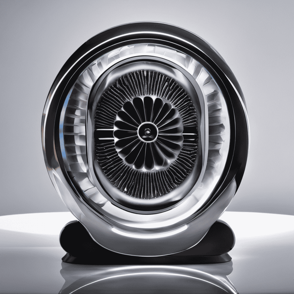 An image showcasing the intricate internal components of an ionic air purifier, with a stylized representation of negatively charged ions being emitted and neutralizing airborne pollutants in a room