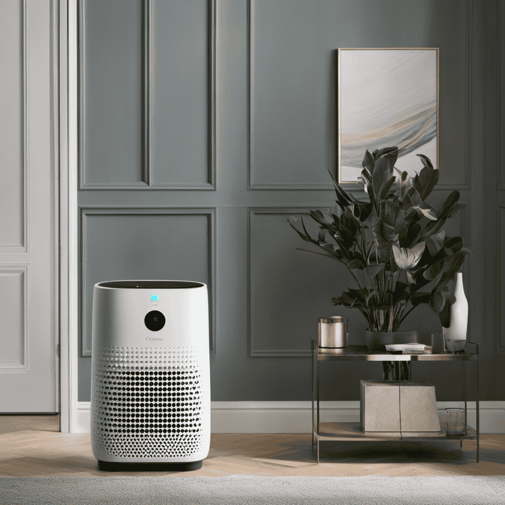 An image that depicts a room air purifier in action: a compact device with a series of filters, capturing microscopic particles and allergens, while releasing clean, purified air into the room
