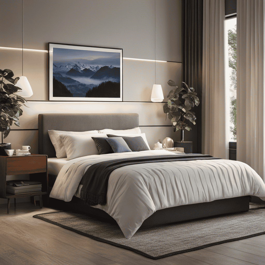 An image showcasing a peaceful bedroom scene with a person sleeping soundly while an air purifier silently eliminates allergens from the air, symbolizing how it aids in relieving allergies