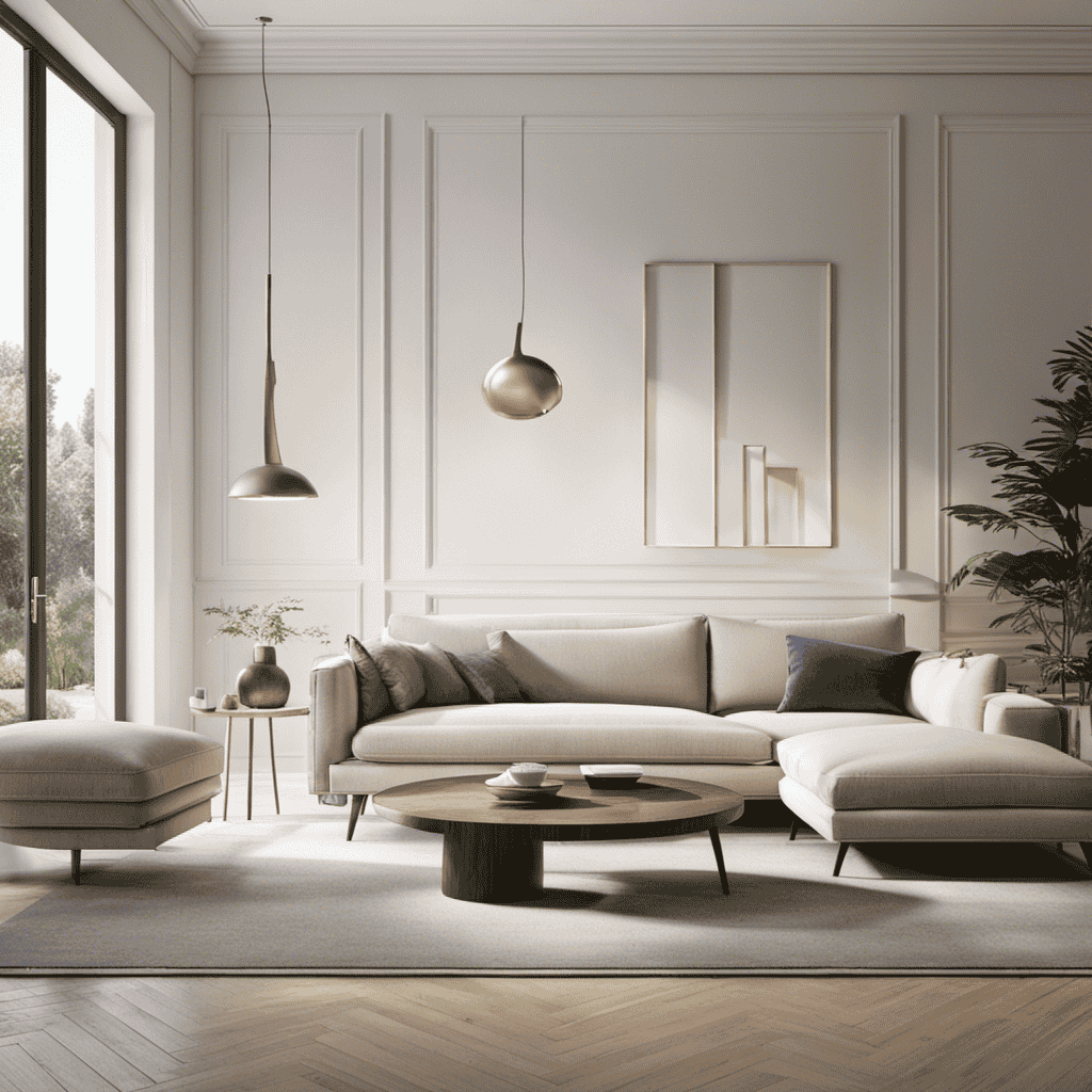 An image showcasing a serene living room with an air purifier at the center, capturing the purity of the air through soft rays of sunlight filtering through the room, highlighting dust particles being eliminated