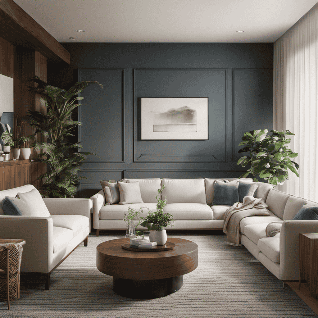 An image showcasing a serene living room with an air purifier quietly humming in the background