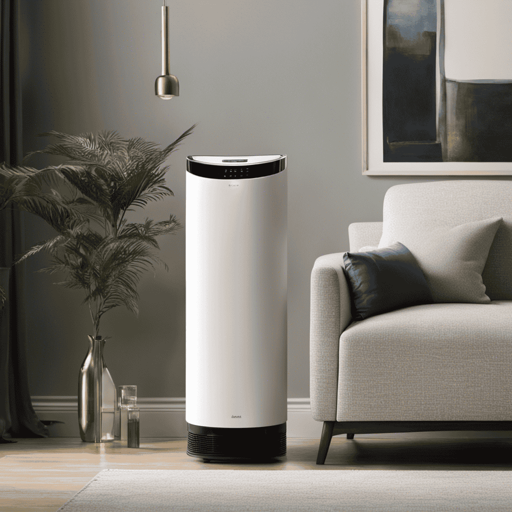 An image showcasing an air purifier in action: a sleek device with a HEPA filter removing microscopic particles, while a gentle stream of purified air is released, leaving a serene and pristine atmosphere