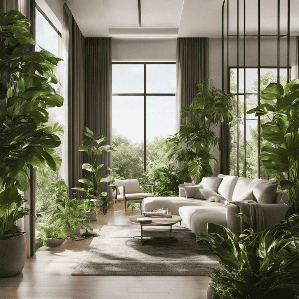 An image showcasing a sunlit room with an air purifier quietly humming in one corner, while lush green plants with vibrant leaves thrive in another corner, contrasting the effectiveness of air purification methods