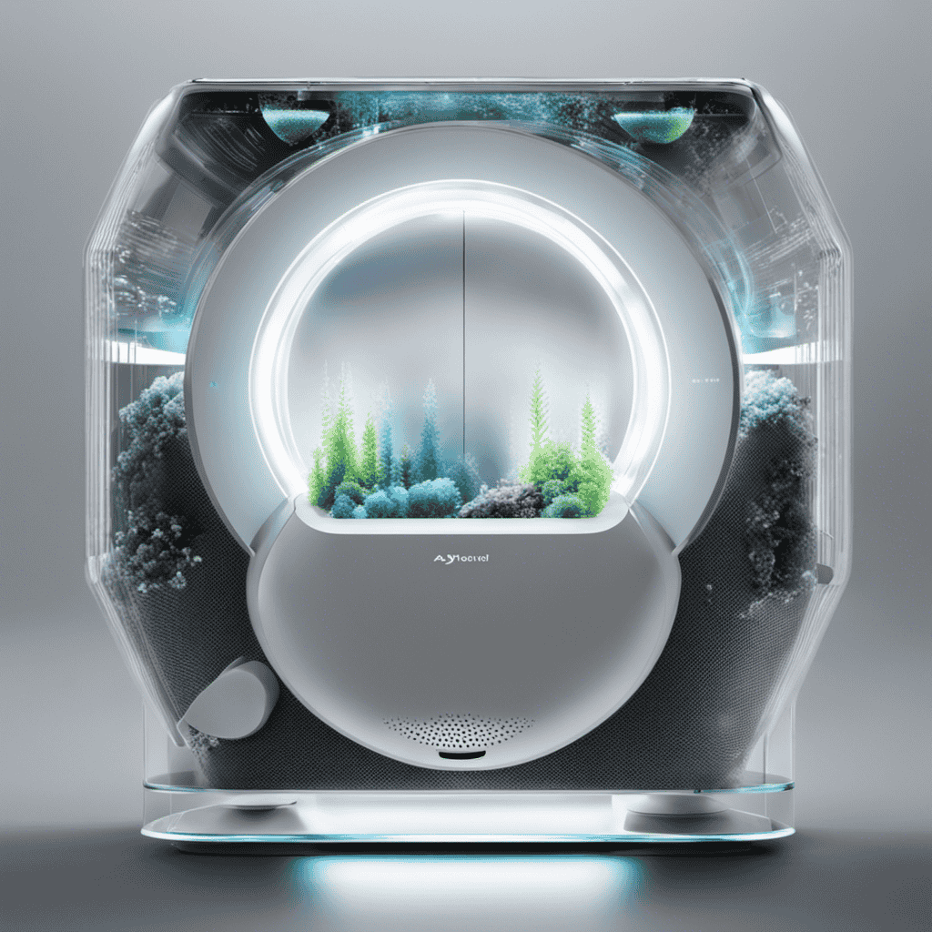 An image that showcases the intricate inner workings of an air purifier: sensors delicately detecting pollutants, purifying filters capturing particles, and a display revealing real-time air quality data