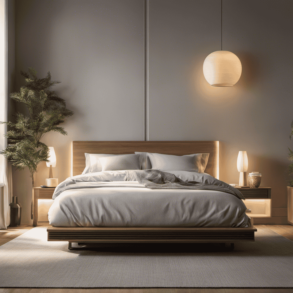 An image of a serene bedroom with an air purifier quietly humming on a bedside table, capturing the soft glow of its purifying light filtering out particles, allergens, and pollutants from the air