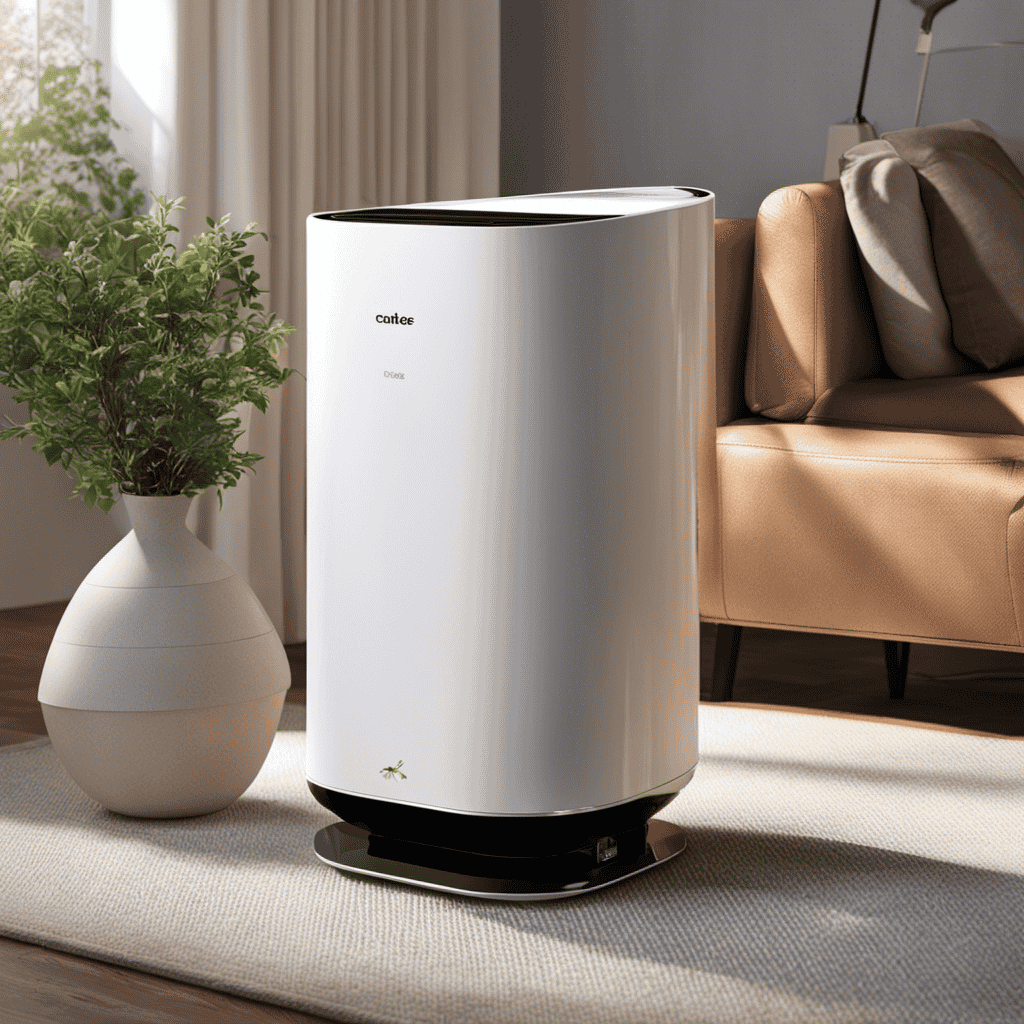 An image showcasing an air purifier in action: a sleek device with a high-efficiency particulate air (HEPA) filter, capturing and eliminating microscopic pollutants such as dust, pollen, and pet dander, while emitting clean, fresh air