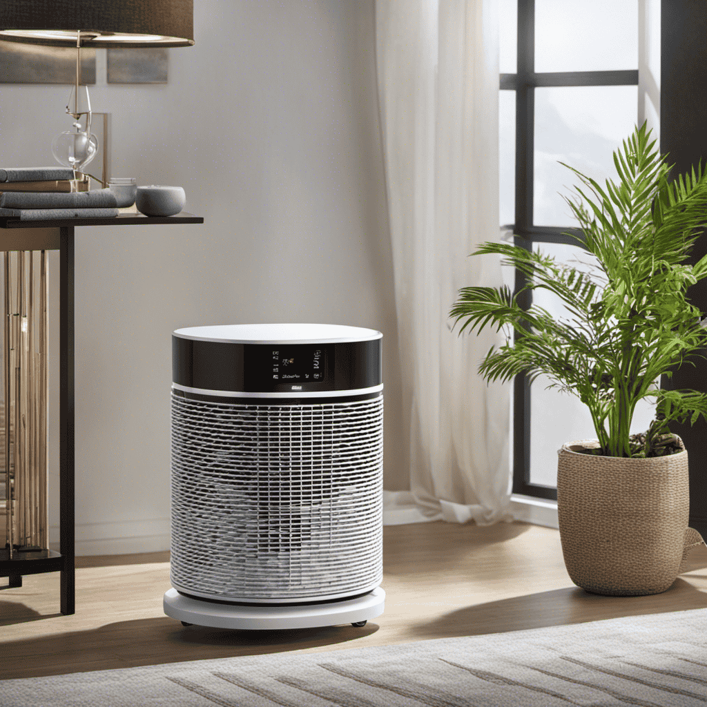 An image depicting an air purifier in action, showcasing its intricate internal components like the pre-filter, activated carbon filter, HEPA filter, and UV-C light, effectively capturing and neutralizing airborne particles
