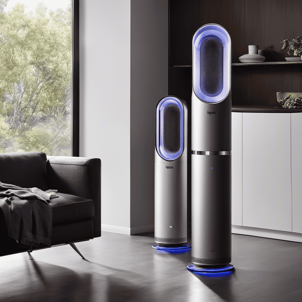 an image showcasing two side-by-side Dyson air purifiers in action