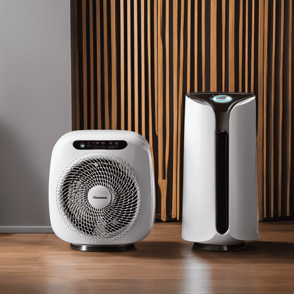 An image that showcases the Holmes Personal Space Air Purifier and a fan side by side, highlighting their contrasting features
