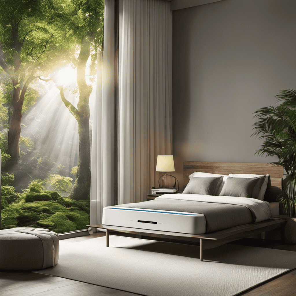 An image showcasing a serene bedroom scene, with sunlight filtering through trees outside, as a sleek negative ion air purifier silently releases millions of tiny charged particles, effortlessly cleansing the air