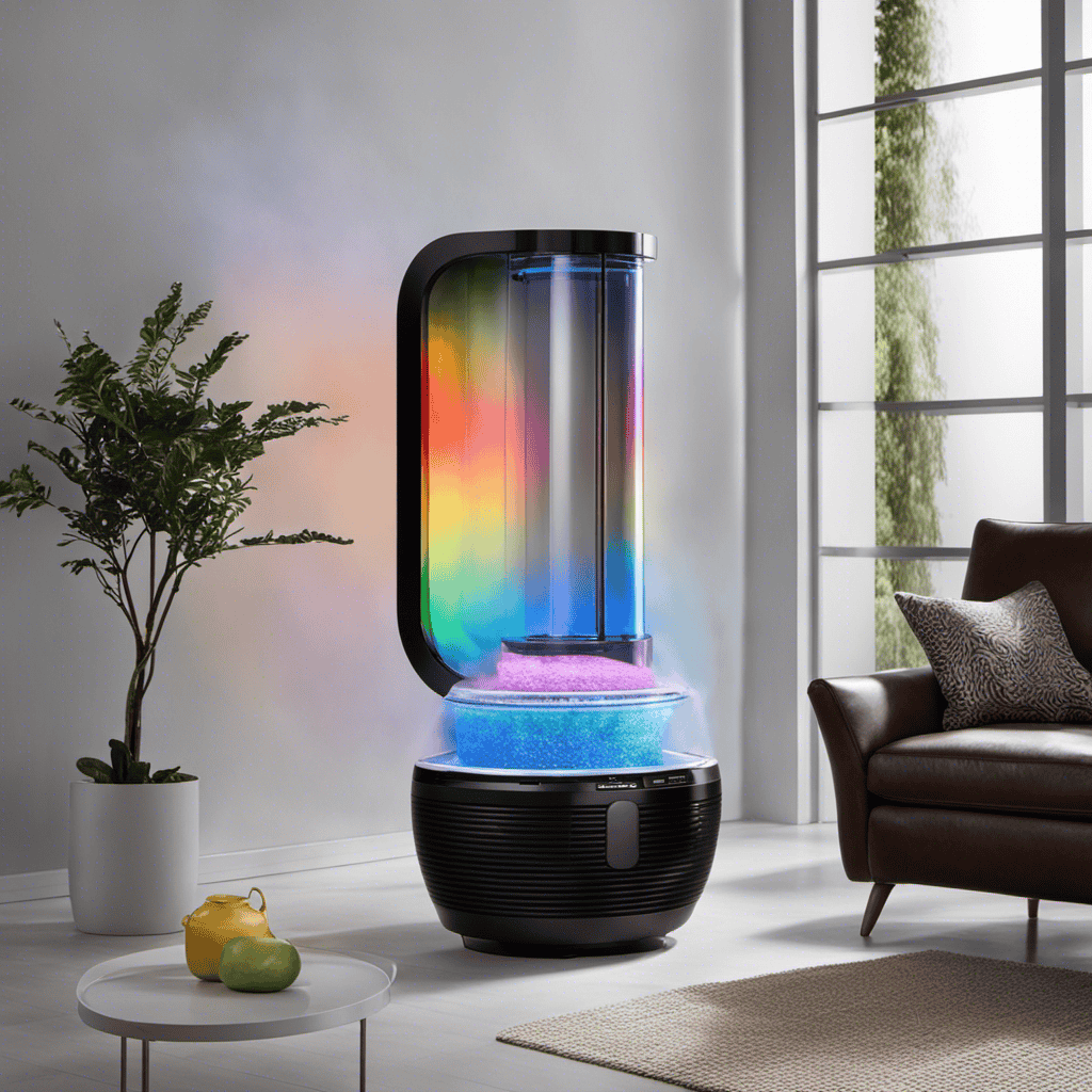 An image showcasing the inner workings of the Rainbow Rainmate Air Purifier, revealing its powerful filtration system, water basin, and colorful mist output, offering a visual explanation of its efficient purification process