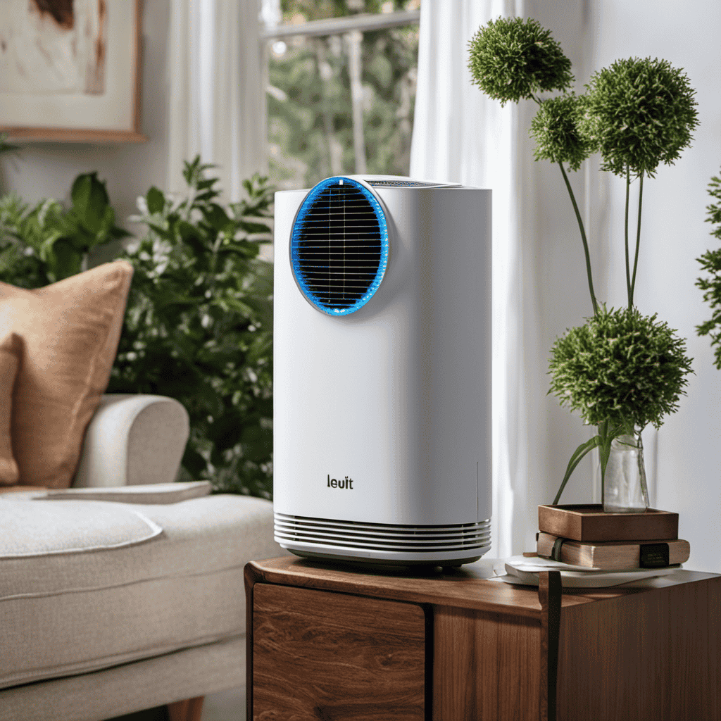 An image showcasing the Levoit Air Purifier in action: a sleek, modern device emitting a gentle blue light, purifying the air with its three-stage filtration system, capturing dust particles and allergens, and releasing clean, fresh air