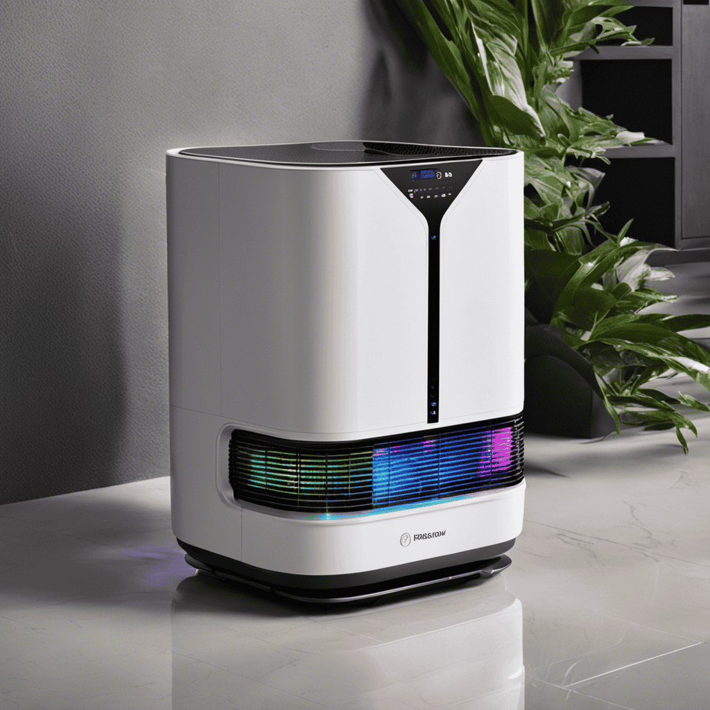 An image showcasing the internal mechanics of the Rainbow Air Purifier, capturing the intricate mesh of filters, UV light technology, and water basin, working harmoniously to cleanse the air we breathe