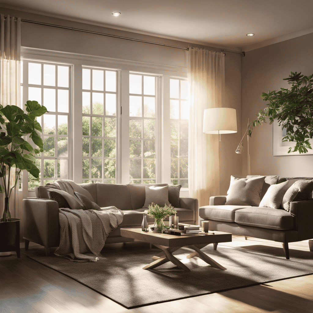 An image featuring a cozy living room with sunlight streaming through a window, showcasing an air purifier in action