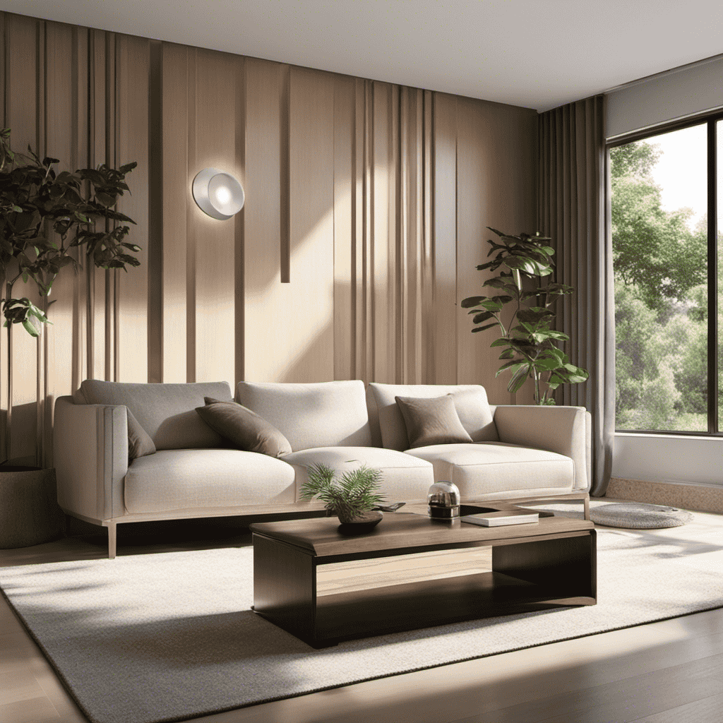 An image showcasing a serene living room with sunlight streaming through clean windows, while an air purifier silently eliminates dust particles suspended in the air, leaving a pristine and dust-free environment