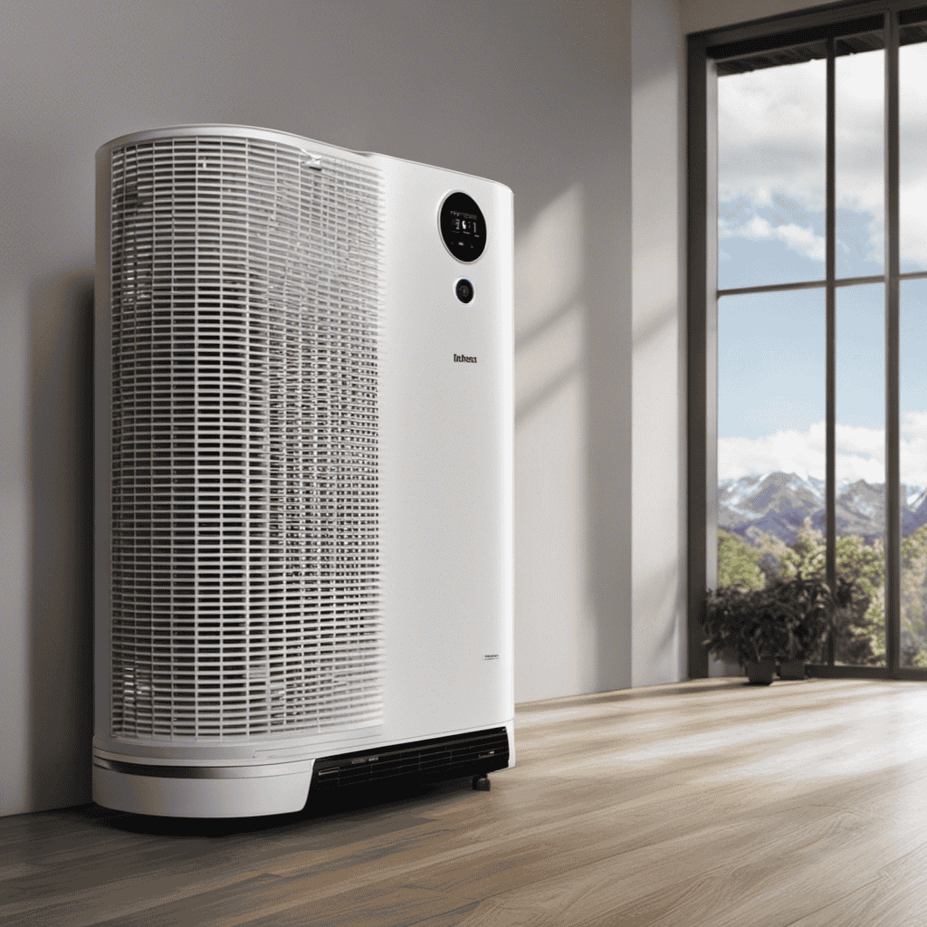 An image that depicts an air purifier in a well-ventilated room, capturing the transition from dusty air to clean air