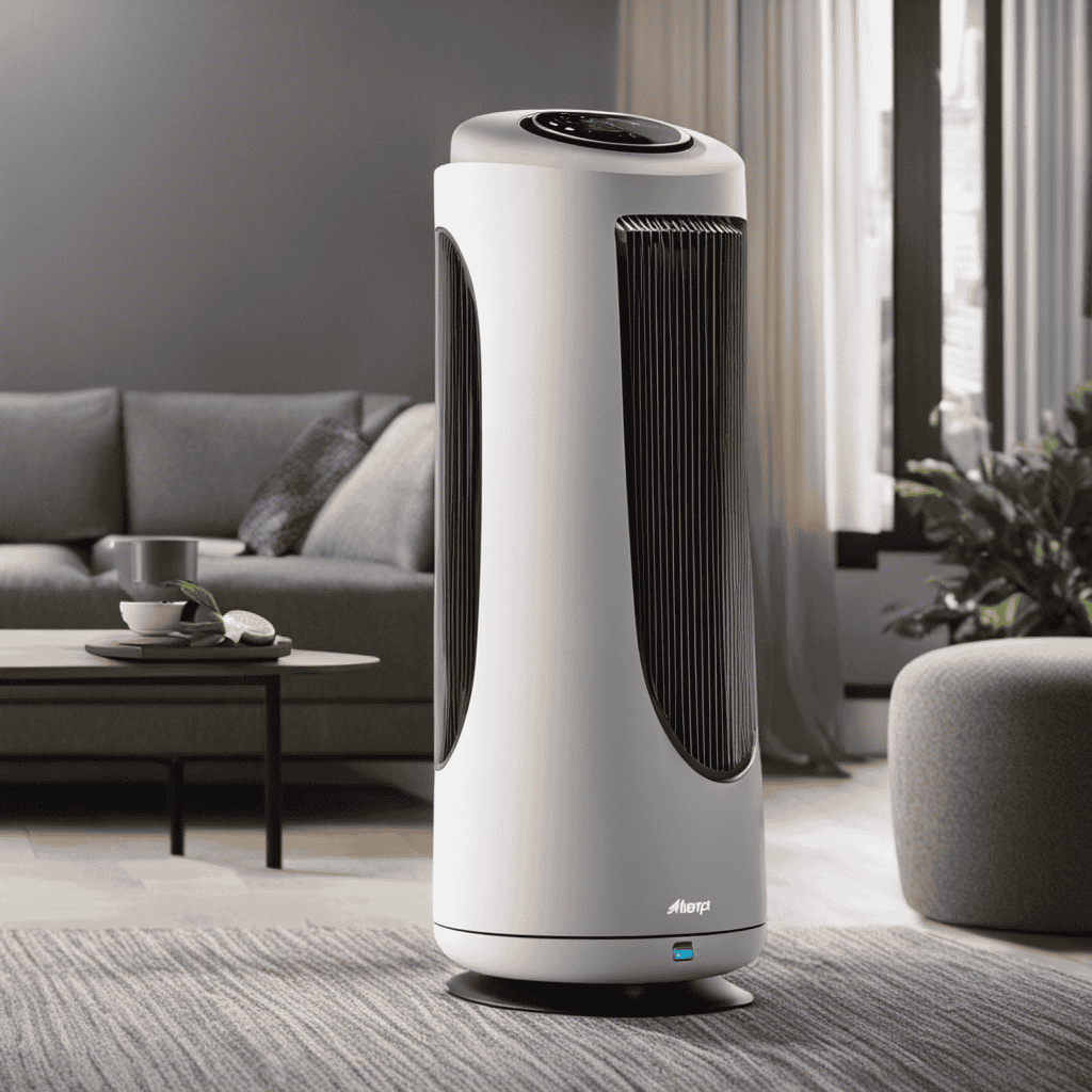 An image showcasing an air purifier's fan in motion, with blades spinning rapidly within a sleek, modern design