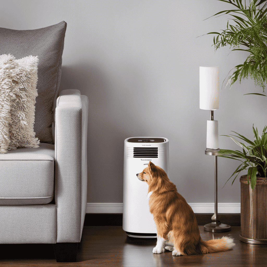 An image showcasing the Hamilton Beach Trueair Compact Pet Air Purifier (04384) in action, capturing its powerful suction removing fine layers of dust particles from the air