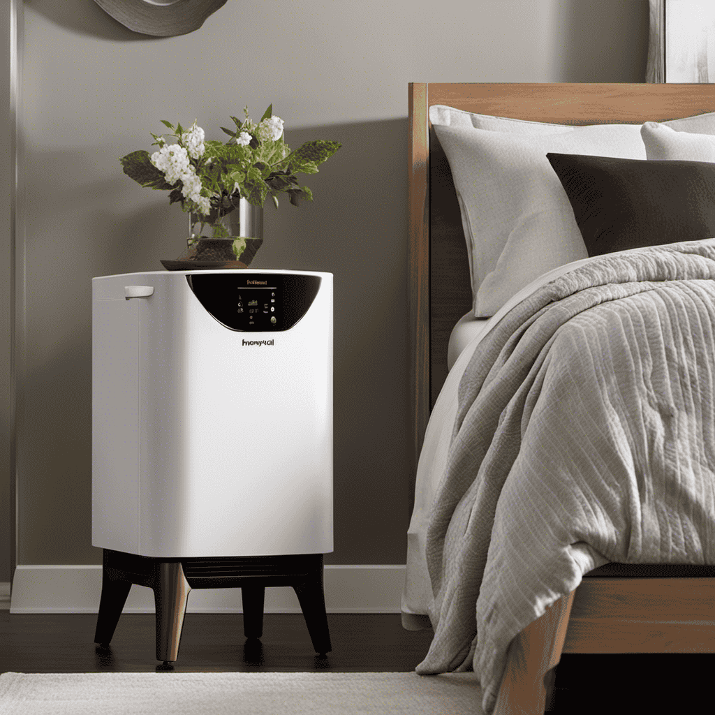 An image that showcases a serene bedroom, bathed in soft natural light, with a Honeywell True HEPA Air Purifier placed elegantly on a nightstand
