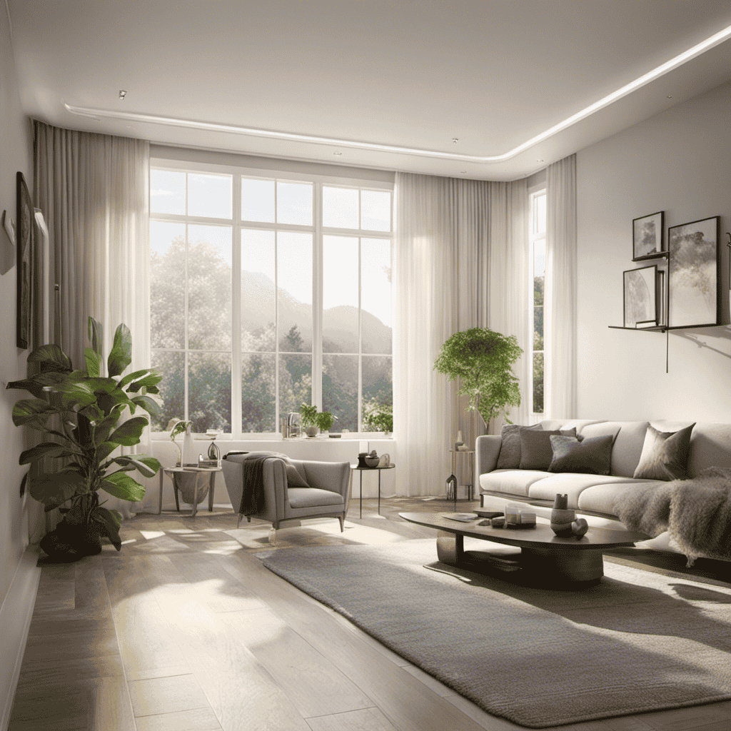 An image showcasing a serene living room with rays of sunlight streaming through the sparkling-clean windows onto a tranquil space filled with fresh, purified air courtesy of the Aclare Air Purifier