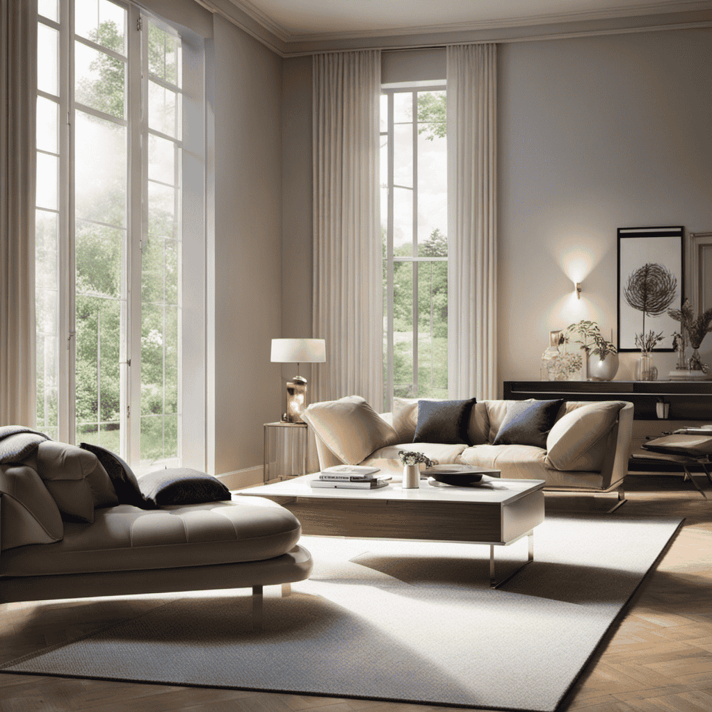 An image showcasing a serene living room with rays of sunlight streaming in through the crystal-clear windows