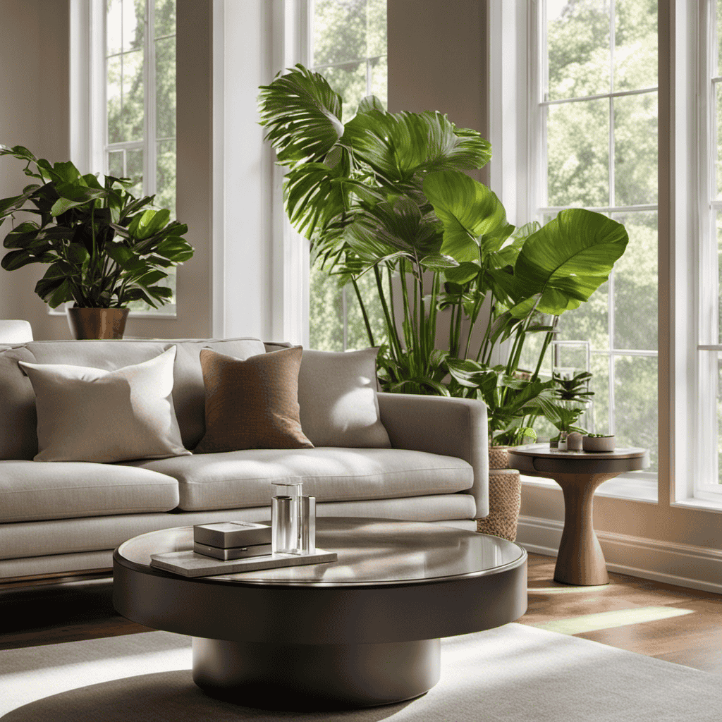 An image showcasing a serene living room with a Dyson Air Purifier prominently placed on a sleek side table, surrounded by fresh indoor plants, as sunlight filters through sheer curtains, emphasizing the purifier's effectiveness