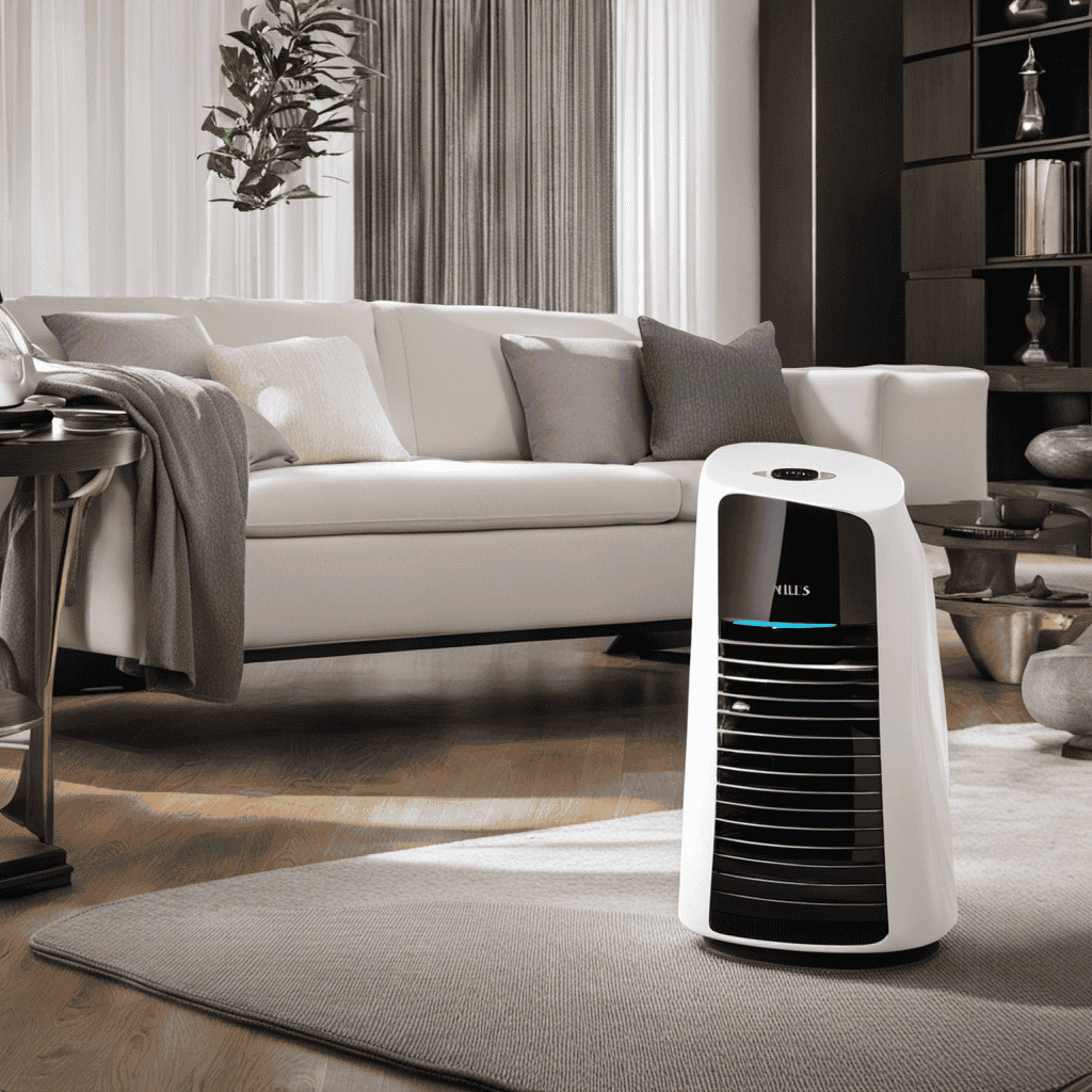 An image showcasing the sleek, modern design of the Idylis Model #0416528 Air Purifier, featuring its intuitive touch screen interface, dual air filters, and multi-directional air vents, providing a visual representation of its impressive performance