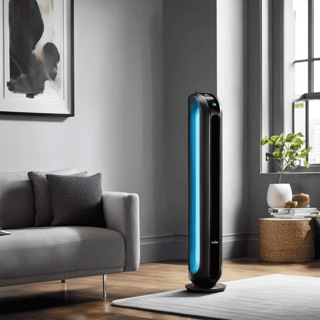 An image showcasing the sleek, compact design of the Holmes Air Purifier Hap116z, with its charcoal-colored body blending seamlessly into any modern interior