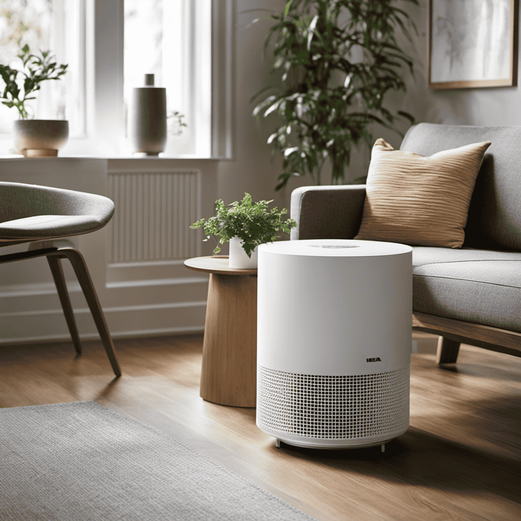 An image displaying a bright, sunlit room with the Ikea air purifier placed on a sleek wooden table