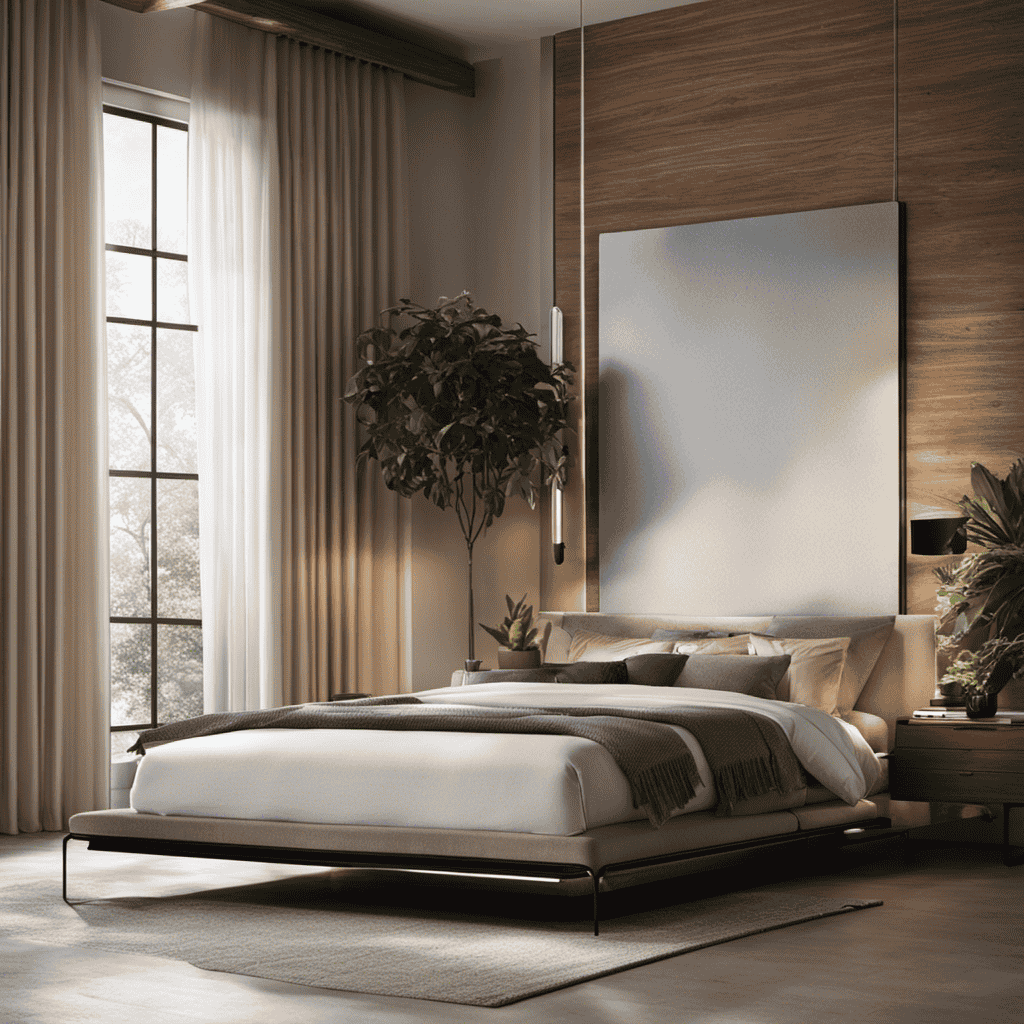 An image showcasing the Pioneer Air Purifier in action: a serene bedroom with sunlight streaming in, particles floating in the air, and the purifier silently eliminating them, leaving the atmosphere clean and fresh