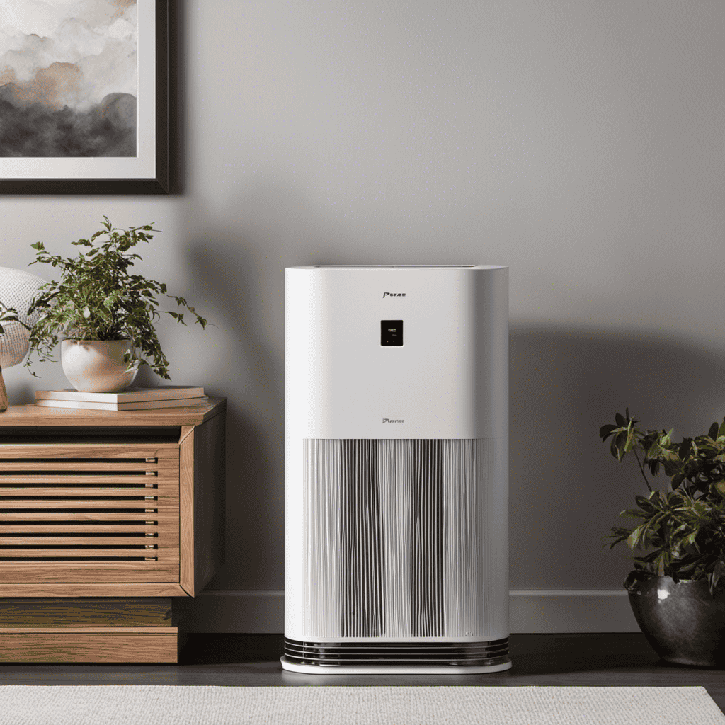 An image showcasing the Pioneer Air Purifier in a spacious living room, capturing the device's sleek, modern design and its ability to effortlessly remove allergens and pollutants from the air