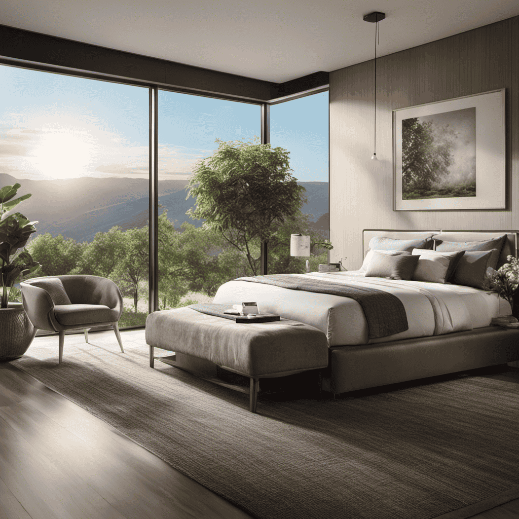 An image showcasing a serene bedroom with an air purifier quietly at work, capturing microscopic particles suspended in the air
