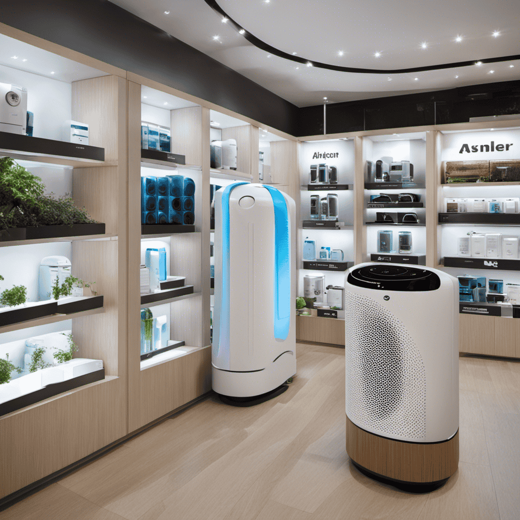 An image showcasing the bustling Air Purifier Market: a diverse array of sleek, modern air purifiers displayed on shelves, surrounded by curious shoppers, each scrutinizing the products' features, comparing prices, and engaging in animated conversations