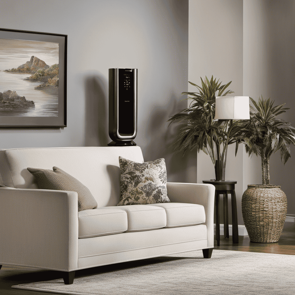An image showcasing a spacious living room with the Honeywell Quietclean Air Purifier prominently placed