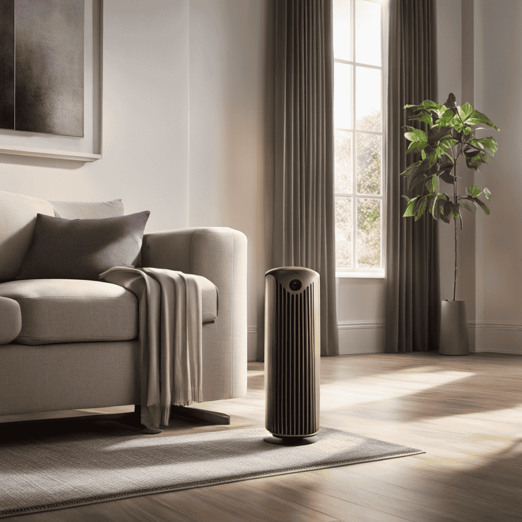An image capturing an air purifier standing on a sleek wooden table, surrounded by a serene living room