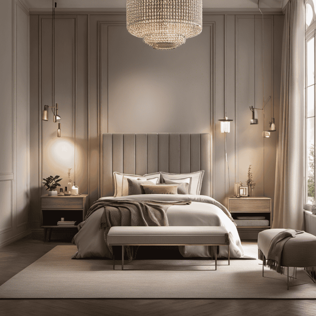 An image showcasing a serene bedroom scene with an air purifier softly humming in the corner, casting a gentle glow with its indicator lights, evoking a sense of tranquility and purity