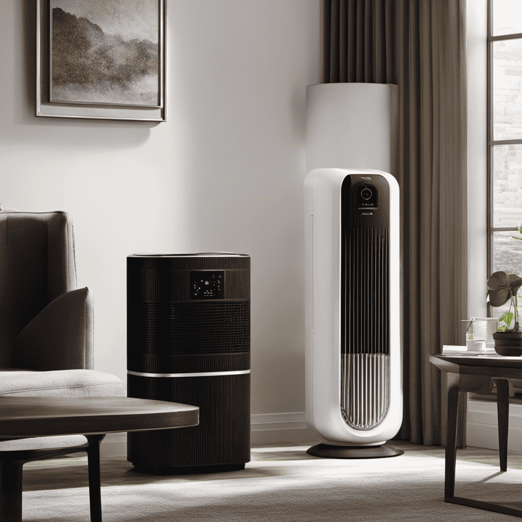 An image showcasing the Aeramax Air Purifier in a room filled with hazy smoke and dust particles