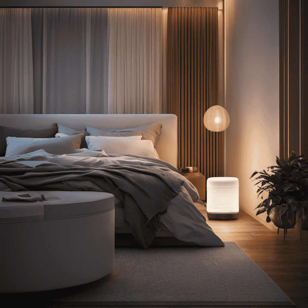 An image depicting a serene bedroom scene at twilight, with a softly illuminated HEPA air purifier placed near the bed