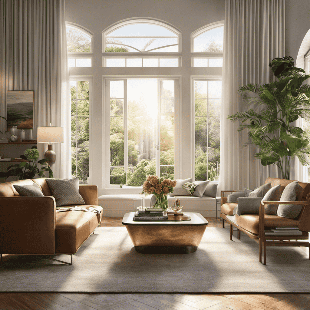 An image depicting an airy living room with an air purifier quietly humming in the corner