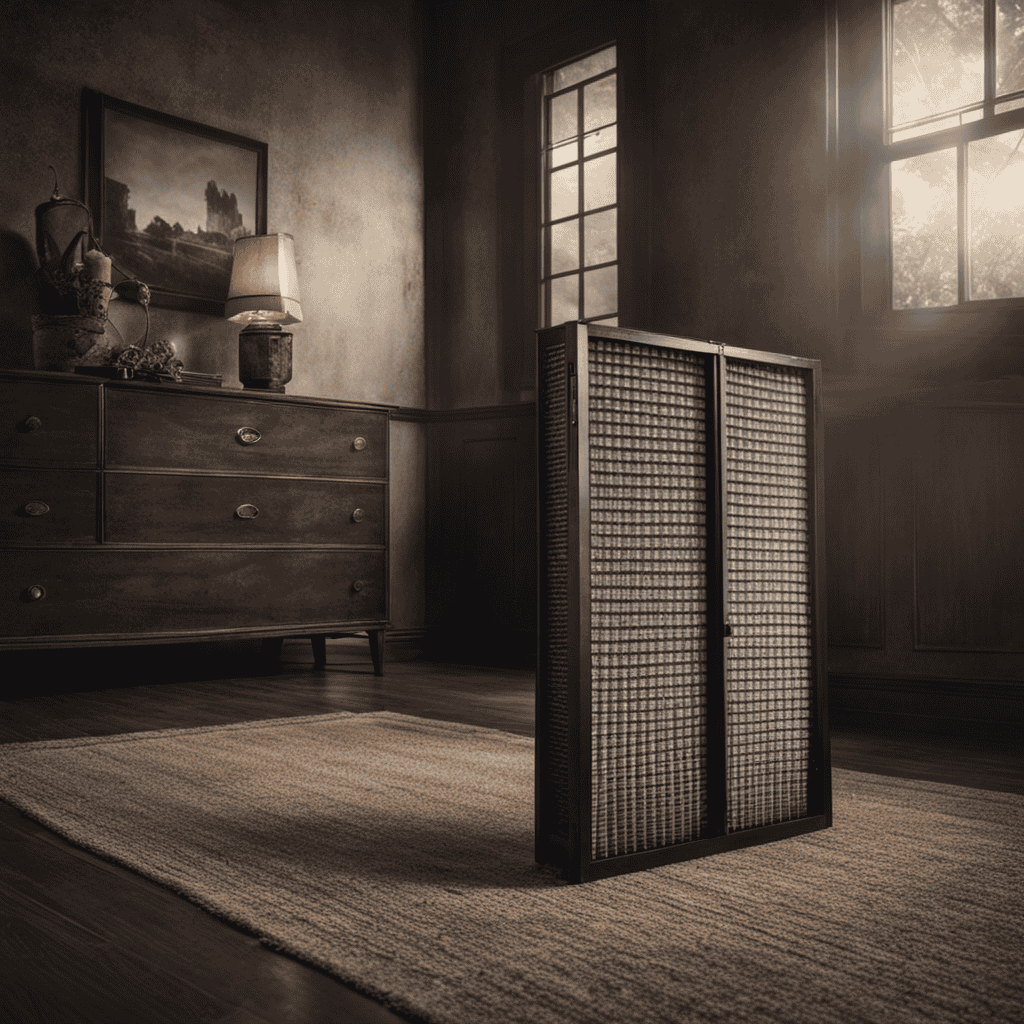 An image showcasing a dusty, dirty air filter in a contaminated room