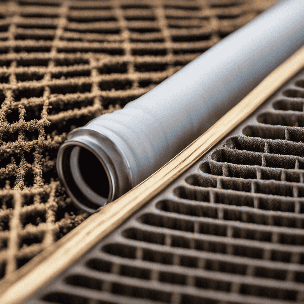 An image showcasing a close-up shot of a dirty air filter, covered in a thick layer of dust and debris, contrasting against a clean and fresh replacement filter next to it