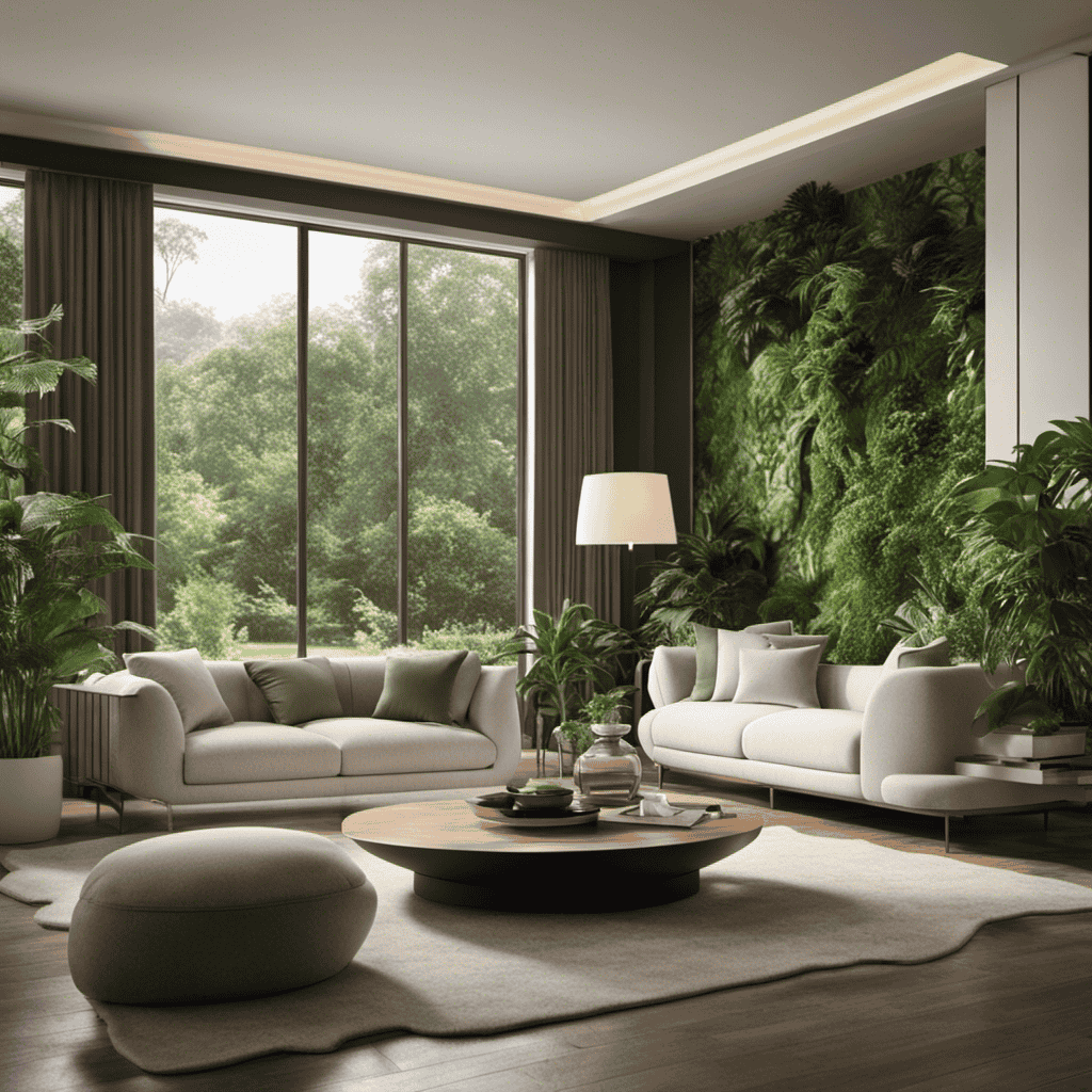An image depicting a serene living room with a sleek, modern air purifier softly humming in the corner, surrounded by lush green plants and an open window allowing a gentle breeze to flow in