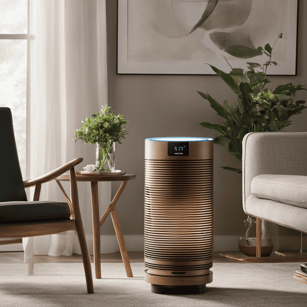 An image that showcases an air purifier placed in a cozy living room filled with fresh, purified air