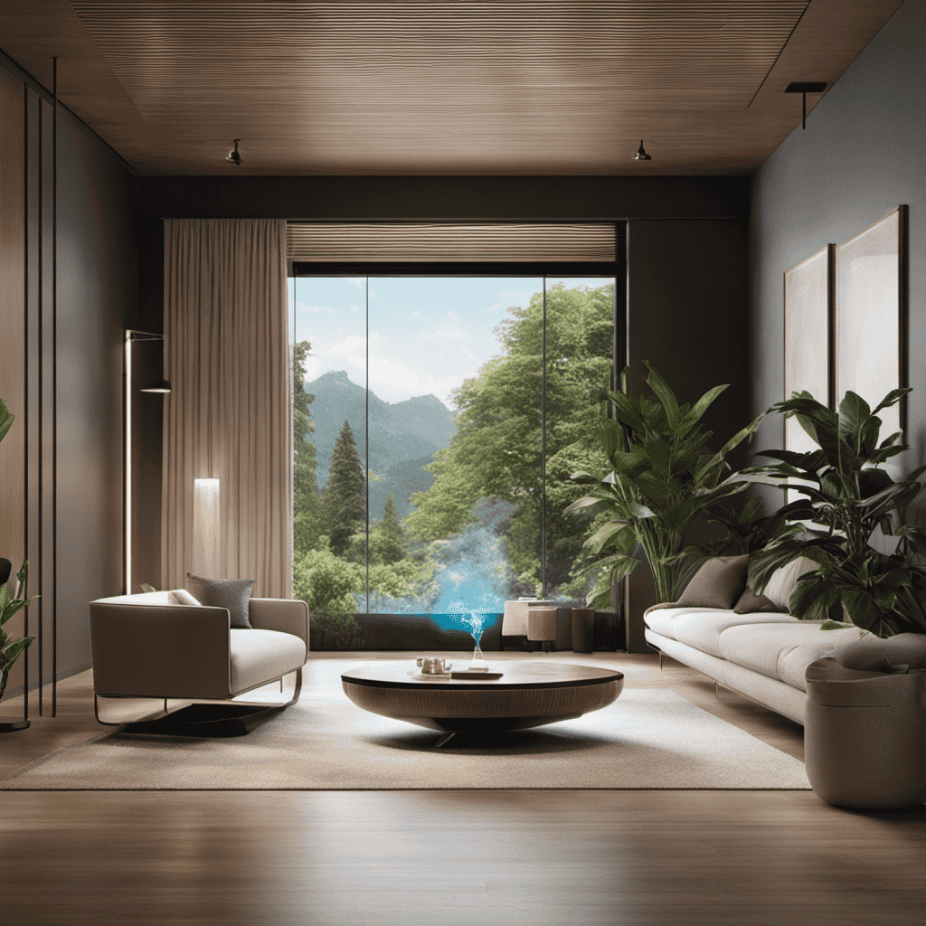 An image capturing the serene atmosphere of a living space with an air purifier gently humming in the corner, surrounded by fresh, purified air