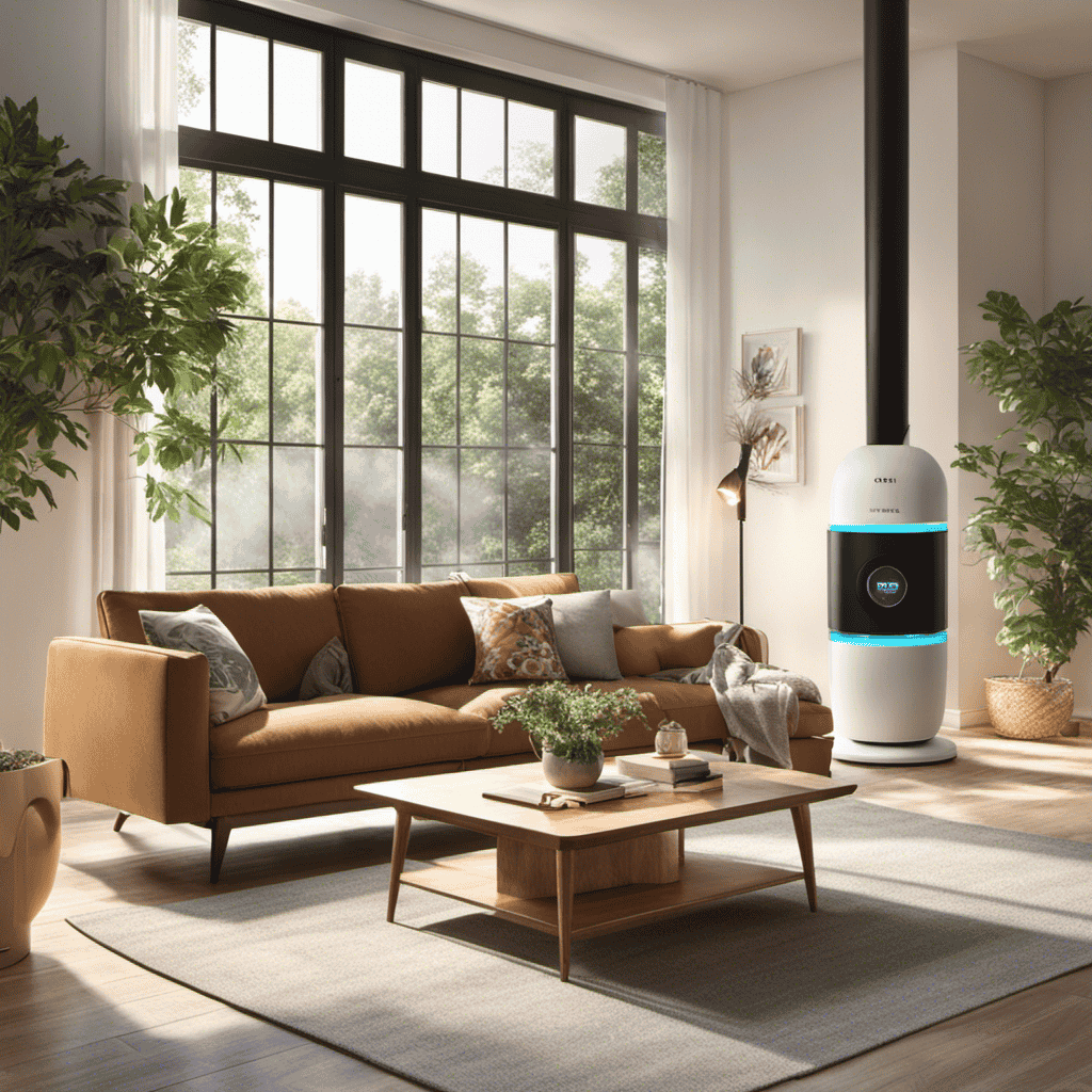 An image showcasing a serene living room with a vibrant Nuk Hepa Air Purifier running seamlessly in the background