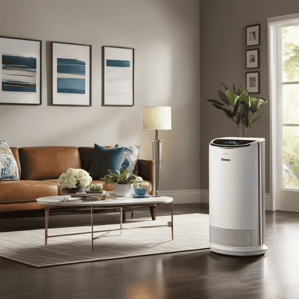 An image showcasing a well-lit room with a Holmes Air Purifier quietly running in the background